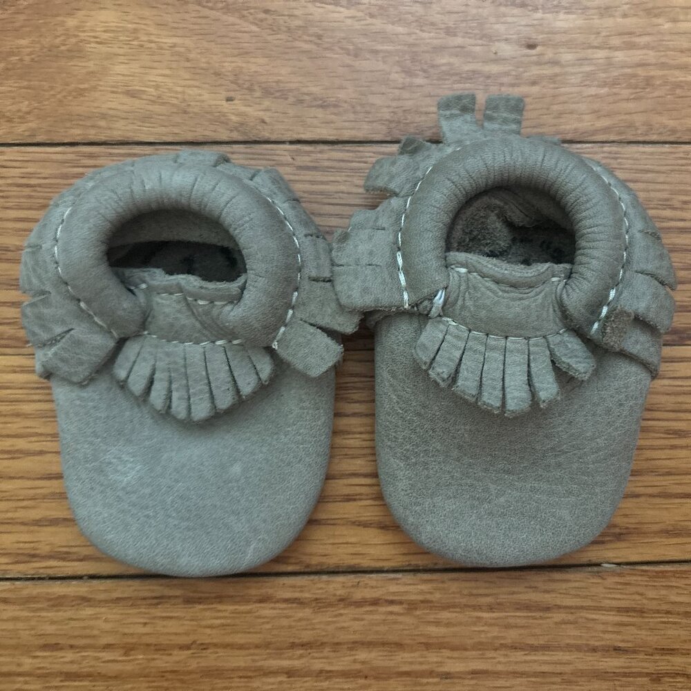 Freshly Picked Grey Leather Baby Moccasins, size 1